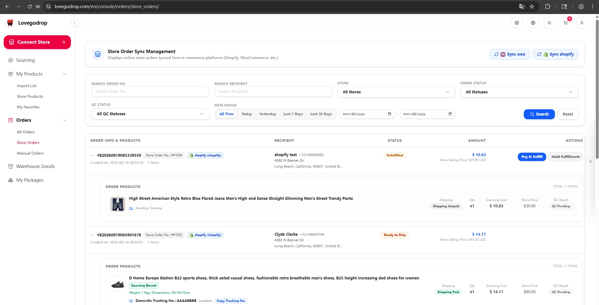 Store orders synced from Shopify into Lovegodrop
