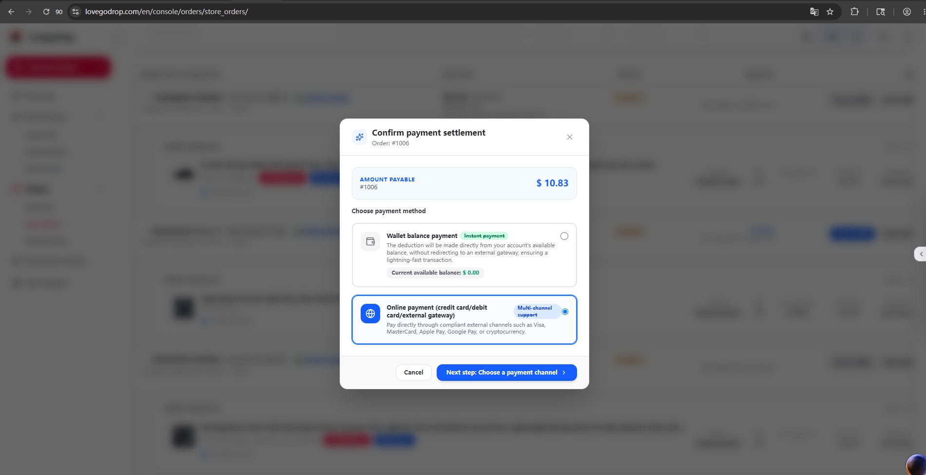 Payment dialog