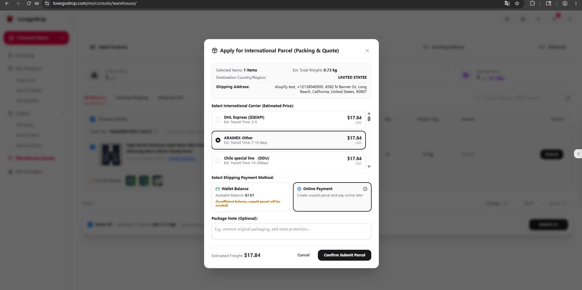 Select carrier and pay shipping