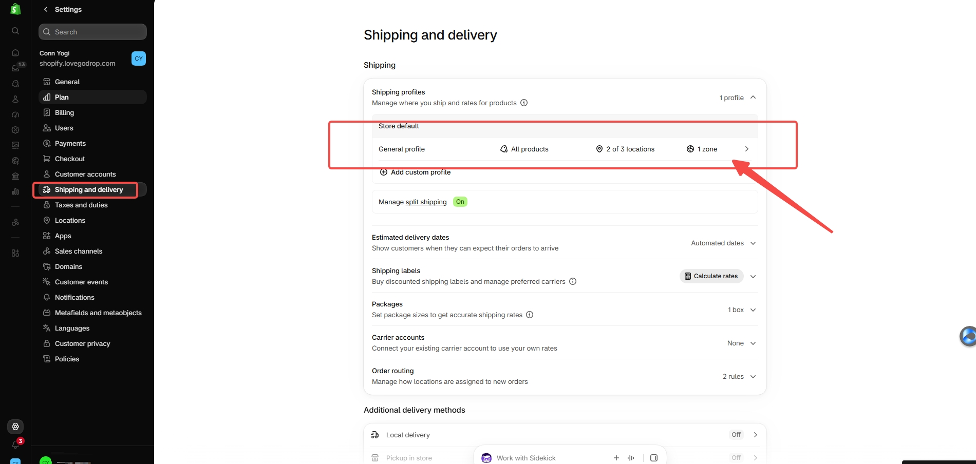 Apri il profilo corretto — Settings → Shipping and delivery → Shipping profiles